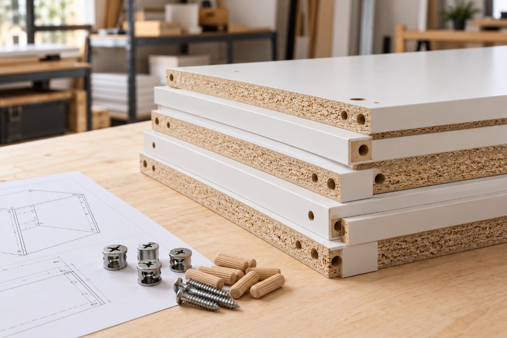 Stacked flatpack cabinet panels with fixings and a drawing