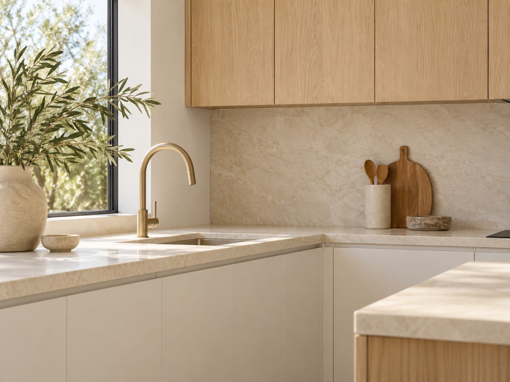 Oak kitchen with a stone benchtop and a brass tap
