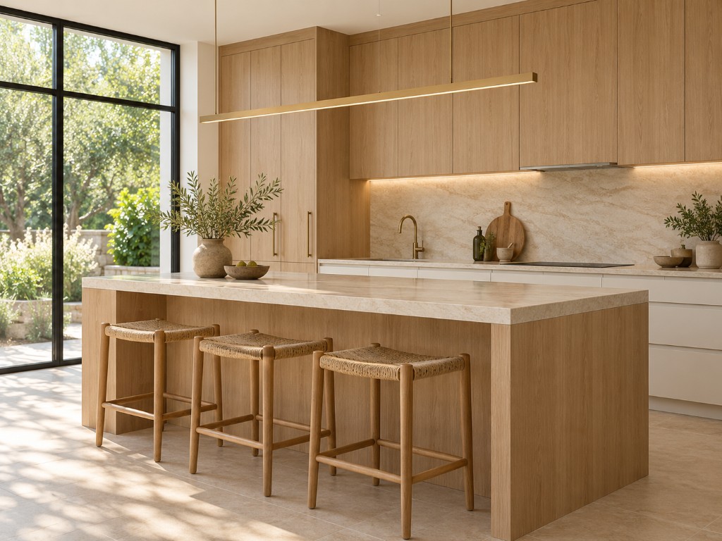 Light oak kitchen with an island, woven stools and a long pendant light