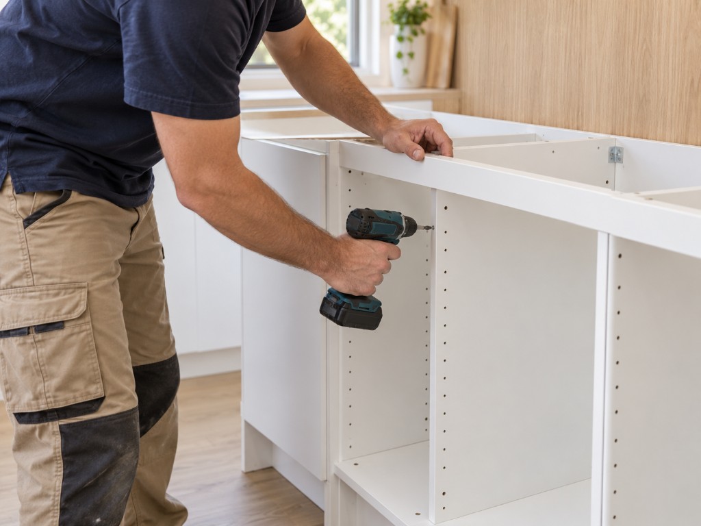 A carpenter drilling a white cabinet carcass